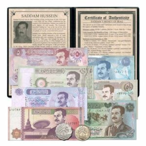 World Bad Guys - Iraq - Saddam Hussein - Coin & Currency Set - (2) Coins & (7) Banknotes - Folder