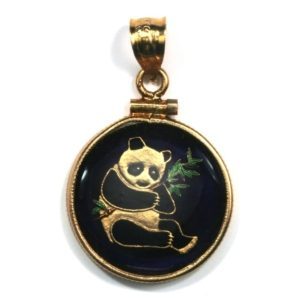 China-Enameled Jewelry-Coin Pendant-1/10 ounce Silver Trade Unit-Panda & Bamboo-with Bezel
