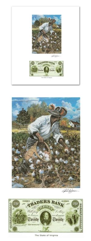 Art-John W. Jones Signed Print-Slave Gathering Cotton From Virginia Obsolete $20 Banknote