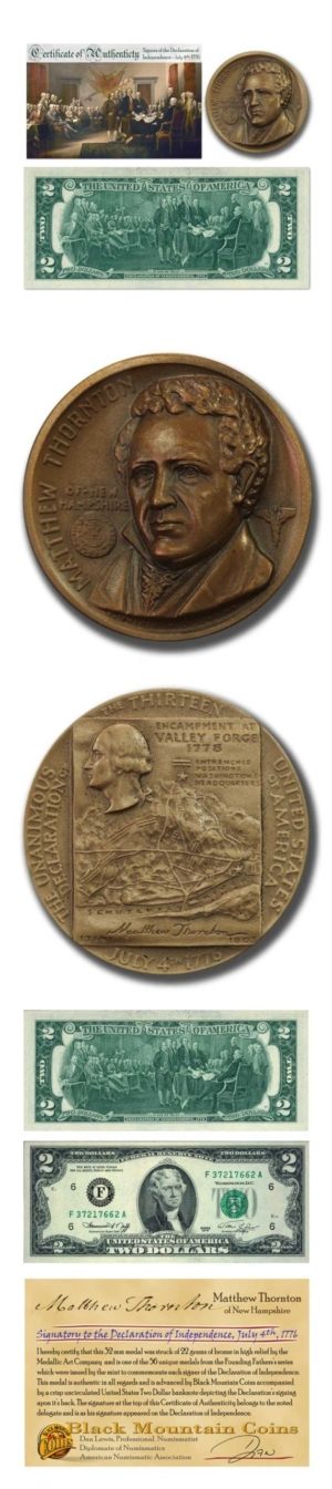 Founding Fathers - New Hampshire - Matthew Thornton -32 mm High Relief Bronze Medal
