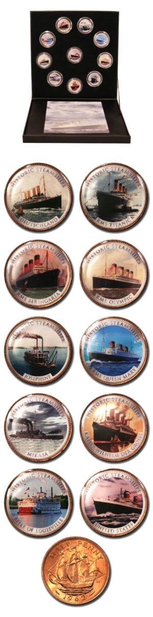 Historic World Steamships-Set of (10) Enameled Coins-Bronze Half-Penny Host-Mint Box & COA -