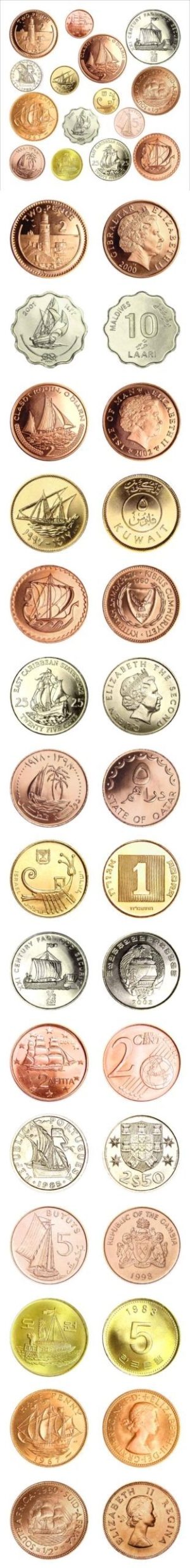 Fifteen (15) Ship Coins from Fifteen (15) Different Countries - All Brilliant Uncirculated