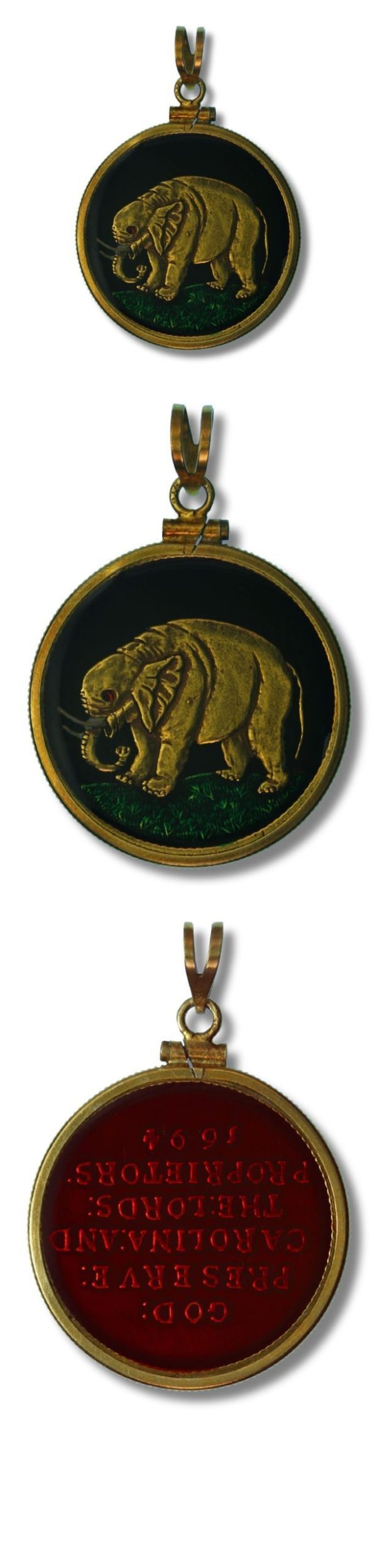 USA - Enameled Jewelry - Coin Pendant  - Carolina Elephant Token - 1694 - with Bezel