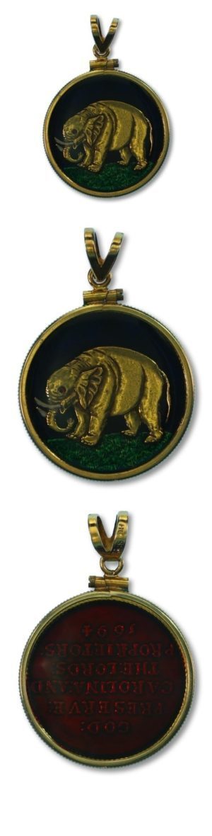 USA - Enameled Jewelry - Coin Pendant  - Carolina Elephant Token - 1694 - with Bezel