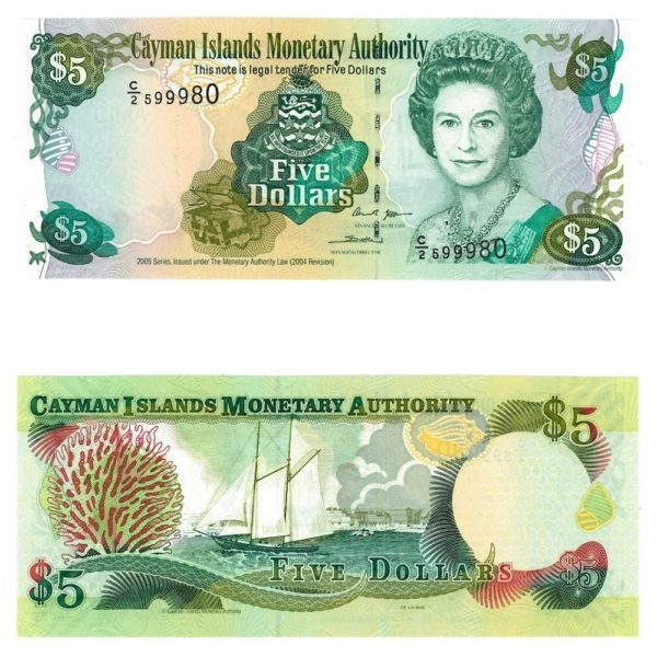 2005 Cayman Islands Sailboat $5 Crisp Uncirculated Banknote