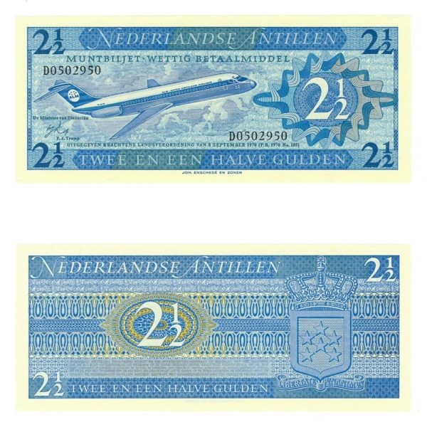1970 Netherlands Antilles KLM Airliner 2 1/2 Gulden Crisp Uncirculated Banknote