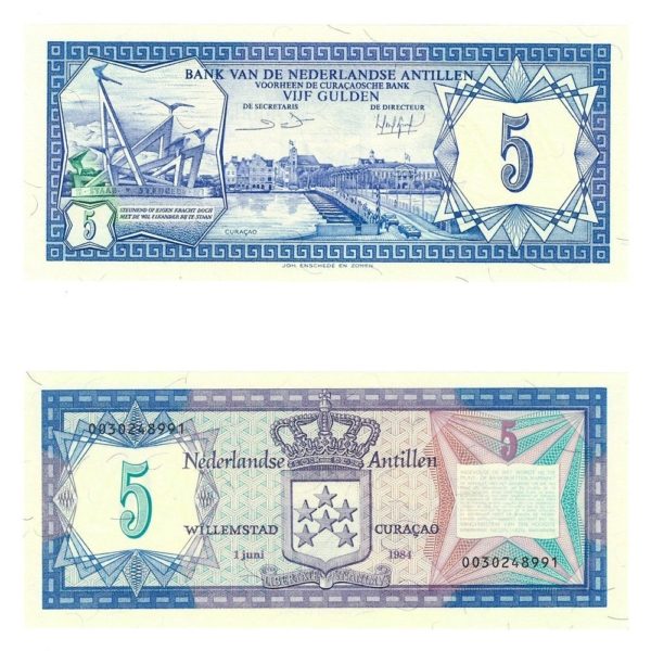 1984 Netherlands Antilles Coat-of-Arms 5 Gulden Crisp Uncirculated Banknote
