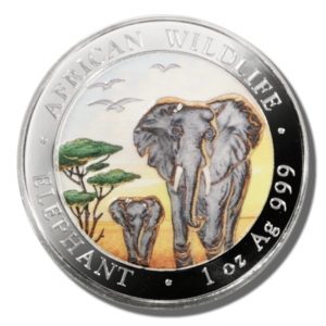 2015 Somalia 100 Shillings Elephant one ounce colorized Silver Coin