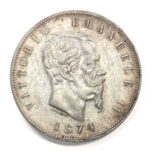 1874 BN Vittorio Emanuele II Italian 5 Lire Silver Coin in Extra-fine Condition. KM# 8.3.