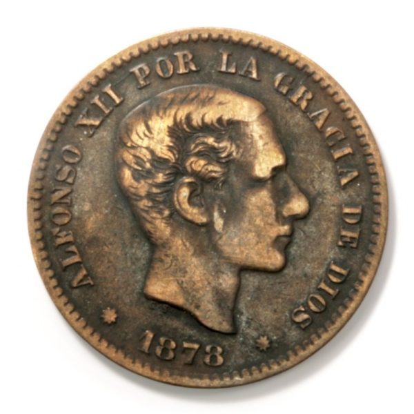 1878 OM Spanish Bronze 5 Centimos Coin in Very Fine Condition with XF Details. KM# 674.