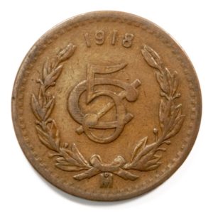 1918 Mexican Semi-key Date 5 Centavos Bronze Coin in Very Fine Condition. KM# 422.