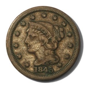 USA - Large Cent - Braided Hair - 1c - 1845  - Very Fine