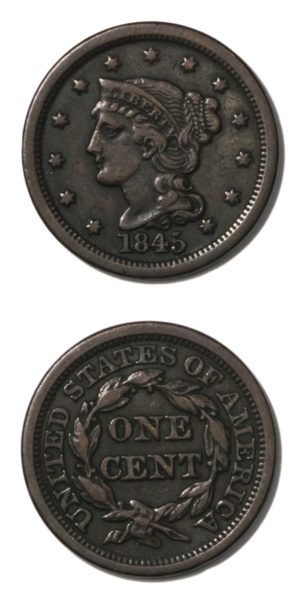 USA - Large Cent - 1c - 1845  - VF