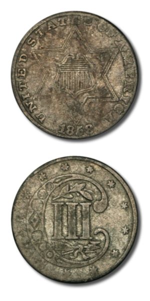United States - Longacre - Silver Three Cent Nickel - 1858 - Type 2 - VF -