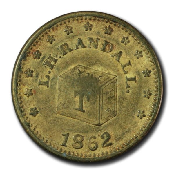 USA-Civil War Token-LH RANDALL TEA CHEST-1862 XF-Grand Rapids Mich-Brass Plain Edge R3