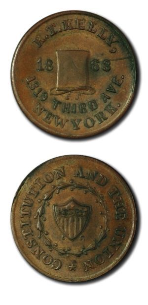 USA - Civil War Token - RT KELLY TOPHAT - 1863 VF - CONSTITUTION AND THE UNION - NEW YORK