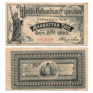 World Columbian Expo - Chicago - Manhattan Day - 1893  - Ticket - Stub Detached
