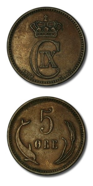 Denmark-Christian IX-Porpoise & Barley Stalk-5 Ore-1902-Lovely Specimen-XF!-KM 794.2