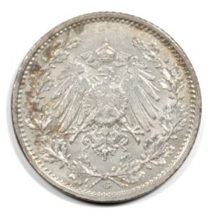 German Empire - Crowned Imperial Eagle - 1/2 Mark - 1915  G - BU Silver - KM17