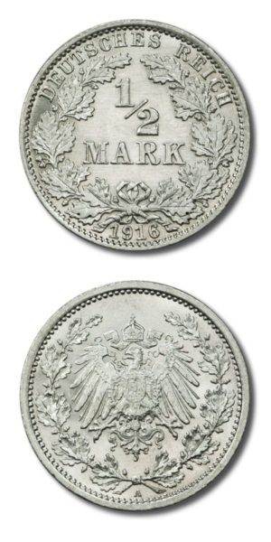 Germany - Imperial Coinage - 1/2 Mark - 1916 A - Uncirculated