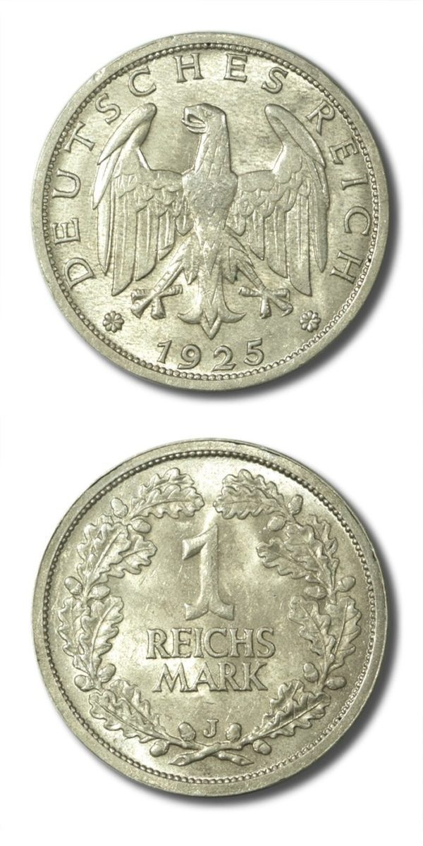Germany - Weimar Republic - 1 Reichsmark - 1925 J - AU - KM 44