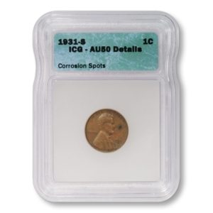 USA - Lincoln Wheat Cent - 1c - 1931 S - ICG AU50 Details Corrosion Spots - Key Date - Penny