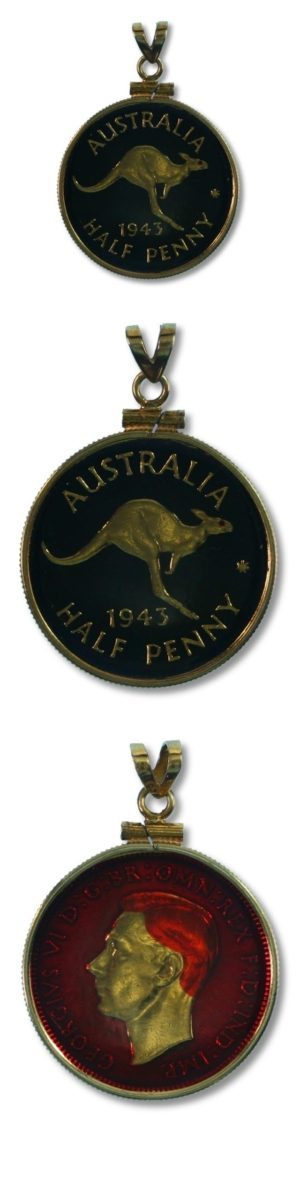 Australia - Enameled Jewelry - Coin Pendant - Kangaroo - Half Penny - 1943 - with Bezel