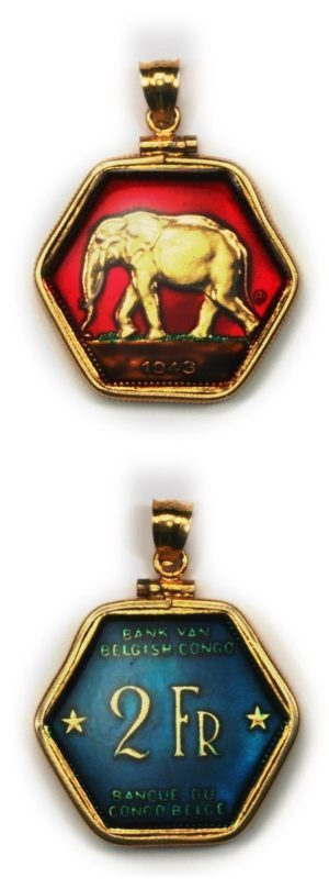 Belgian Congo - Enameled Jewelry - Pendant - 2 Francs - 1943  - Hexagonal Coin - Elephant