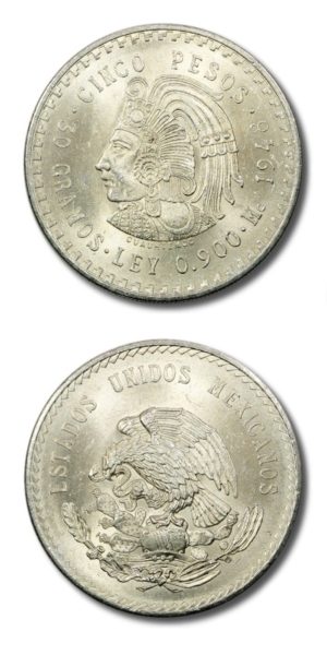 Mexico - Aztec Ruler Cuauhtemoc - 5 Pesos - 1948  - Brilliant Uncirculated Silver Crown - KM-465