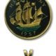 Great Britain - Enameled Jewelry - Coin Pendant - Galleon - Half Penny - 1957 - with Bezel