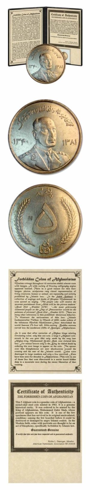 Afghanistan-The Forbidden Coin-1961-5 Afghani-Nickel-Clad Steel Coin-In Folio With COA