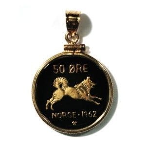 Norway - Enameled Jewelry - Coin Pendant - 50 Ore - 1962  - Elkhound - With Bezel