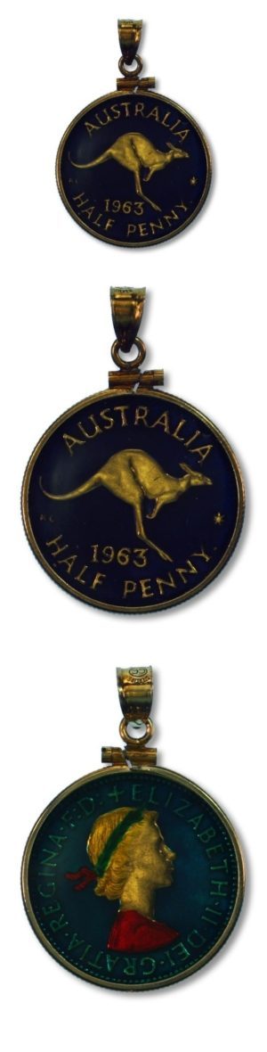 Australia - Enameled Jewelry - Coin Pendant - Kangaroo - Half Penny - 1963 - with Bezel
