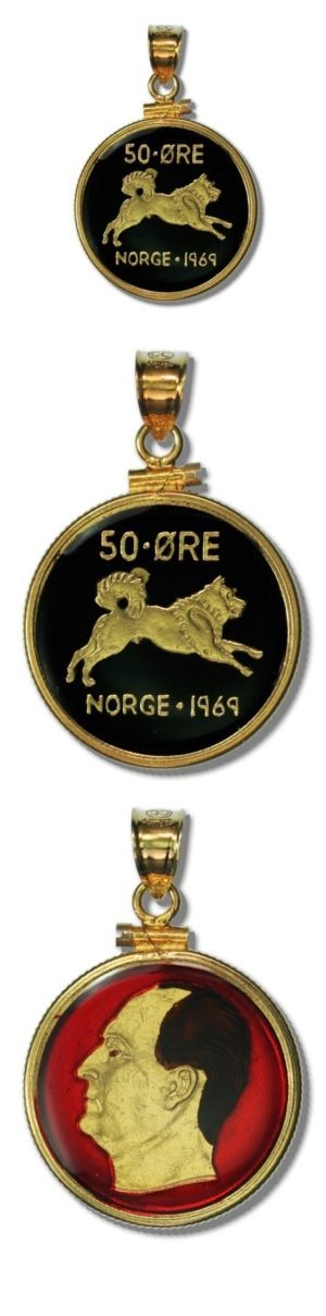 Norway - Enameled Jewelry - Coin Pendant - Norwegian Elkhound  - 50 Ore - 1969 - with Bezel