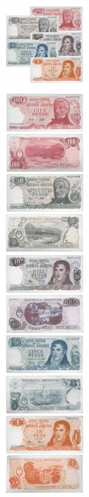 Argentina-Set of (5) Banknotes-1 to 100 Pesos-1970 /1978-Pick 287