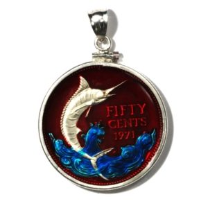 Bahamas - Enameled Jewelry - Coin Pendant - Fifty Cents - Silver - 1971  - Blue Marlin - With Bezel