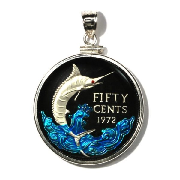 Bahamas - Enameled Jewelry - Coin Pendant - Fifty Cents - Silver - 1972  - Blue Marlin - With Bezel