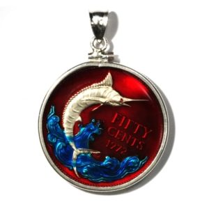 Bahamas - Enameled Jewelry - Coin Pendant - Fifty Cents - Silver - 1972  - Blue Marlin - With Bezel