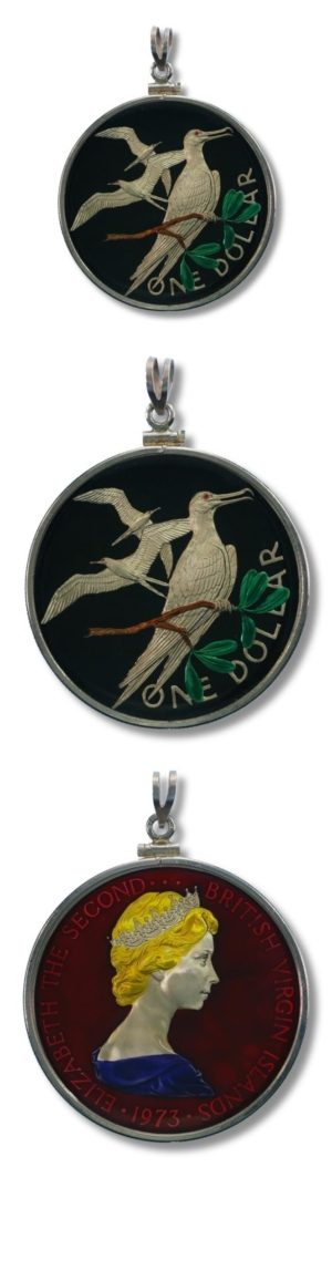 British Virgin Islands - Enameled Jewelry - Coin Pendant - Frigate Birds - $1 - 1973 - with Bezel