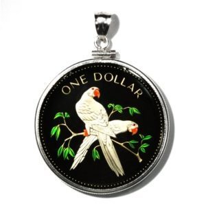 Belize - Enameled Jewelry - Coin Pendant - One Silver Dollar - 1975  - Scarlet Macaws - With Bezel