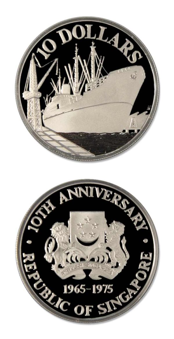 Singapore - Ocean Freighter - $10 - 1975 - Proof Silver Crown