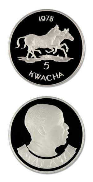 WWF - Malawi - Burchell's Zebras - 5 Kwacha - 1978 - Proof Silver Crown