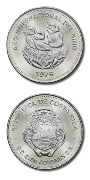 Costa Rica - Baby Birds in Nest - 100 Colones - 1979 - BU Silver Crown - KM-206