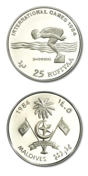 Maldives - International Games - Swimming - 25 Rufiyaa - 1984 - Proof Crown