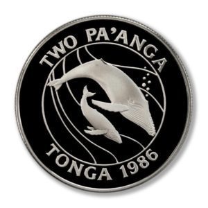 Tonga - WWF - Humpback Whales - Cow & Calf - 2 Pa'anga - 1986 - Proof Silver Crown