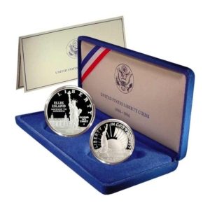 US Liberty Commemorative Proof Silver Dollar & Clad Half Dollar Mint Box & COA