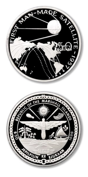 Marshall Islands - First Man Made Satellite - 1957 - $50 - 1989 - Proof Silver Crown