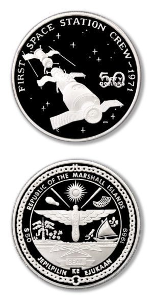 Marshall Islands - First Space Station Crew - 1971 - $50 - 1989 - Proof Silver Crown