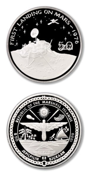 Marshall Islands - First Landing on Mars - 1976 - $50 - 1989 - Proof Silver Crown