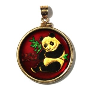 China - Enameled Jewelry - Coin Pendant - Silver Medal - 1990  - Panda - With Bezel